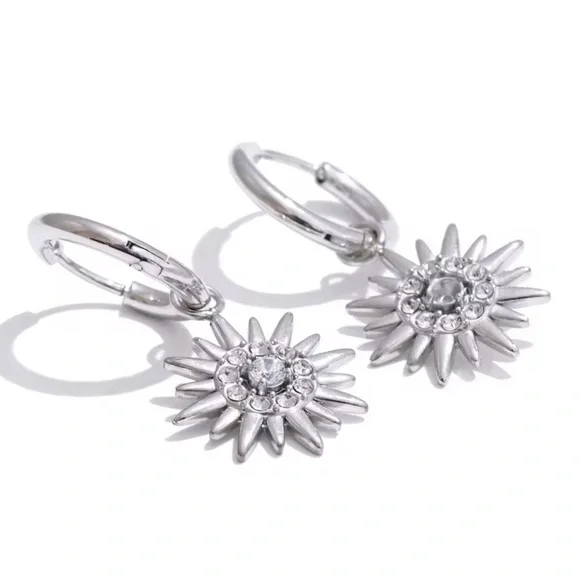 Sunburst Stainless Silver Waterproof Hoop Earrings - Picture 2 of 13